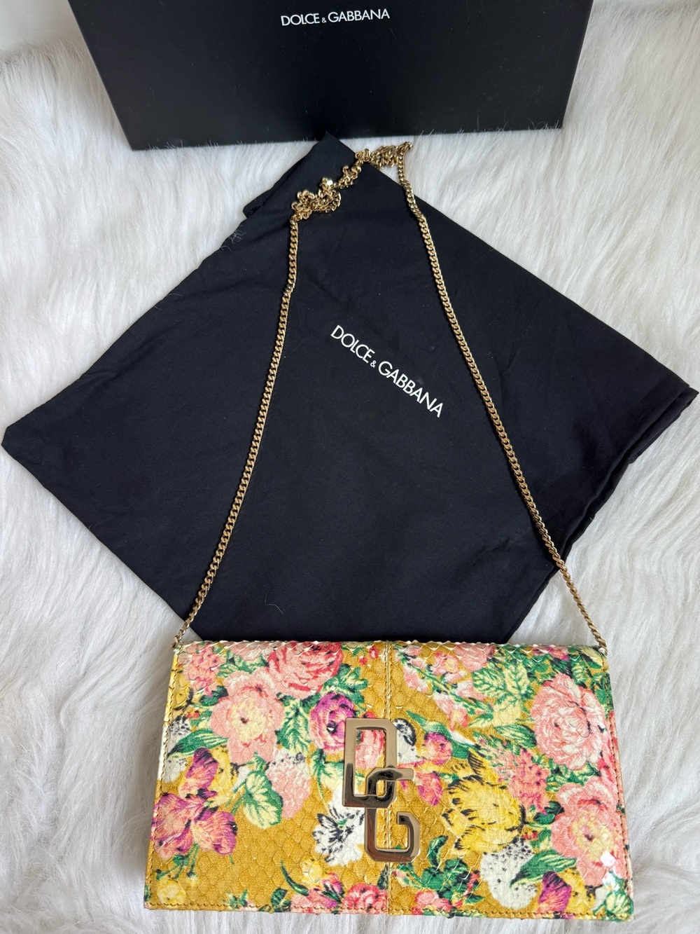 Dolce & Gabbana Yellow Floral and Python snake Chain Clutch and Shoulder Bag